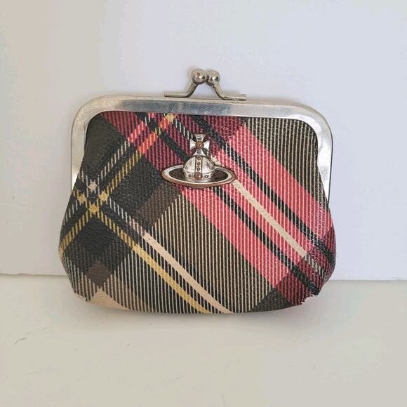 Vivienne Westwood Orbit Logo Wallet Small Coin Mini Check Plaid Kisslock - Picture 1 of 10